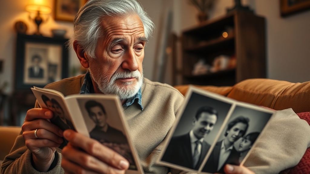 Grandfather looking at his old photos