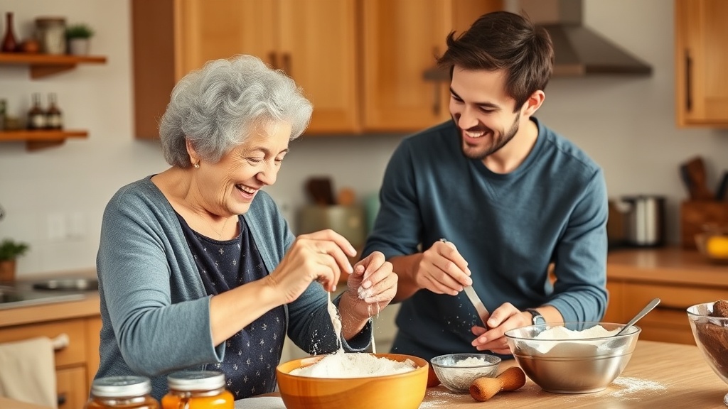 Grandmother and grandchild cooking together in a warm kitchen